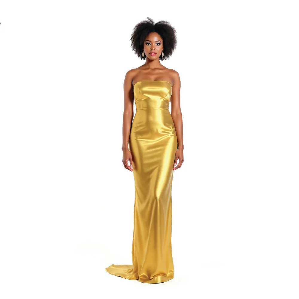 The trained AI model wearing a gold satin gown in a full length shot