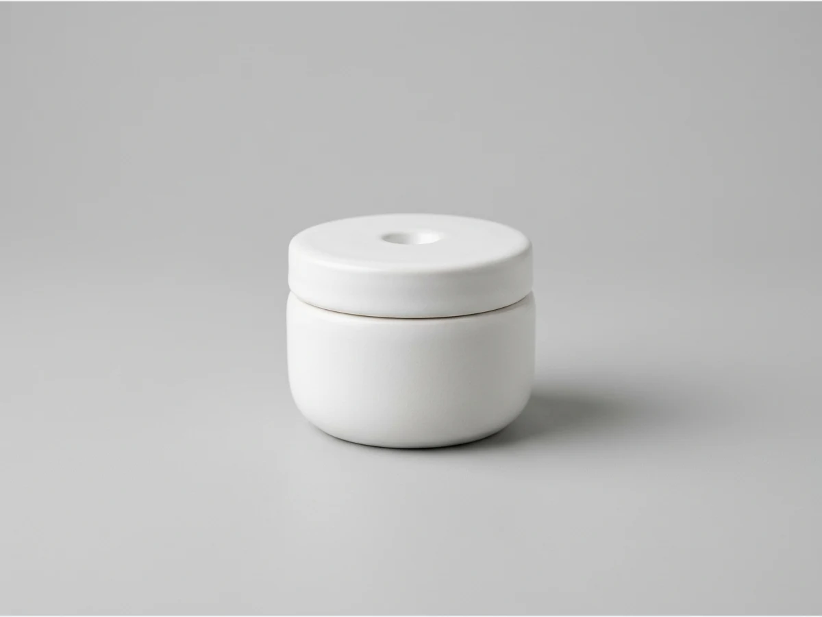 a cosmetic cream jar, product shot, a white ceramic jar