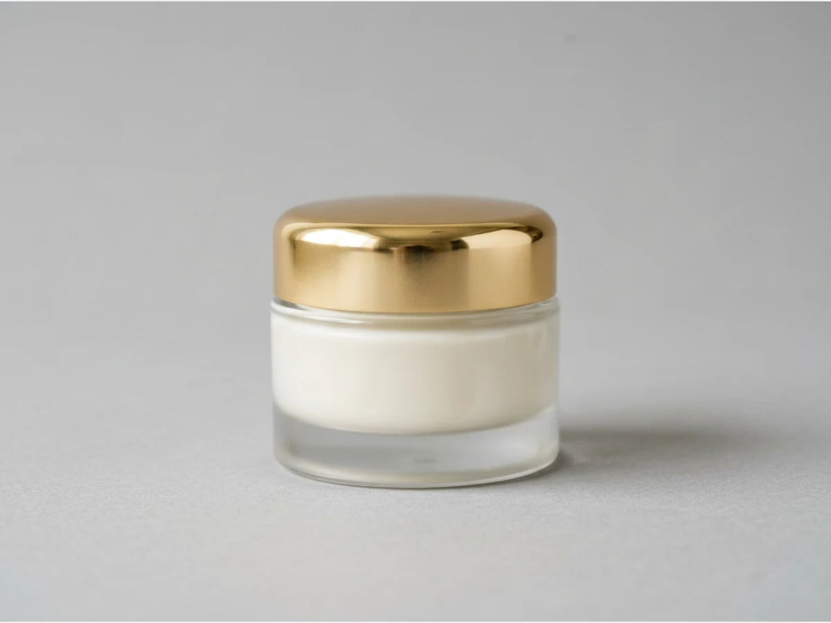 a cosmetic cream jar, product shot, a glass jar with a gold lid