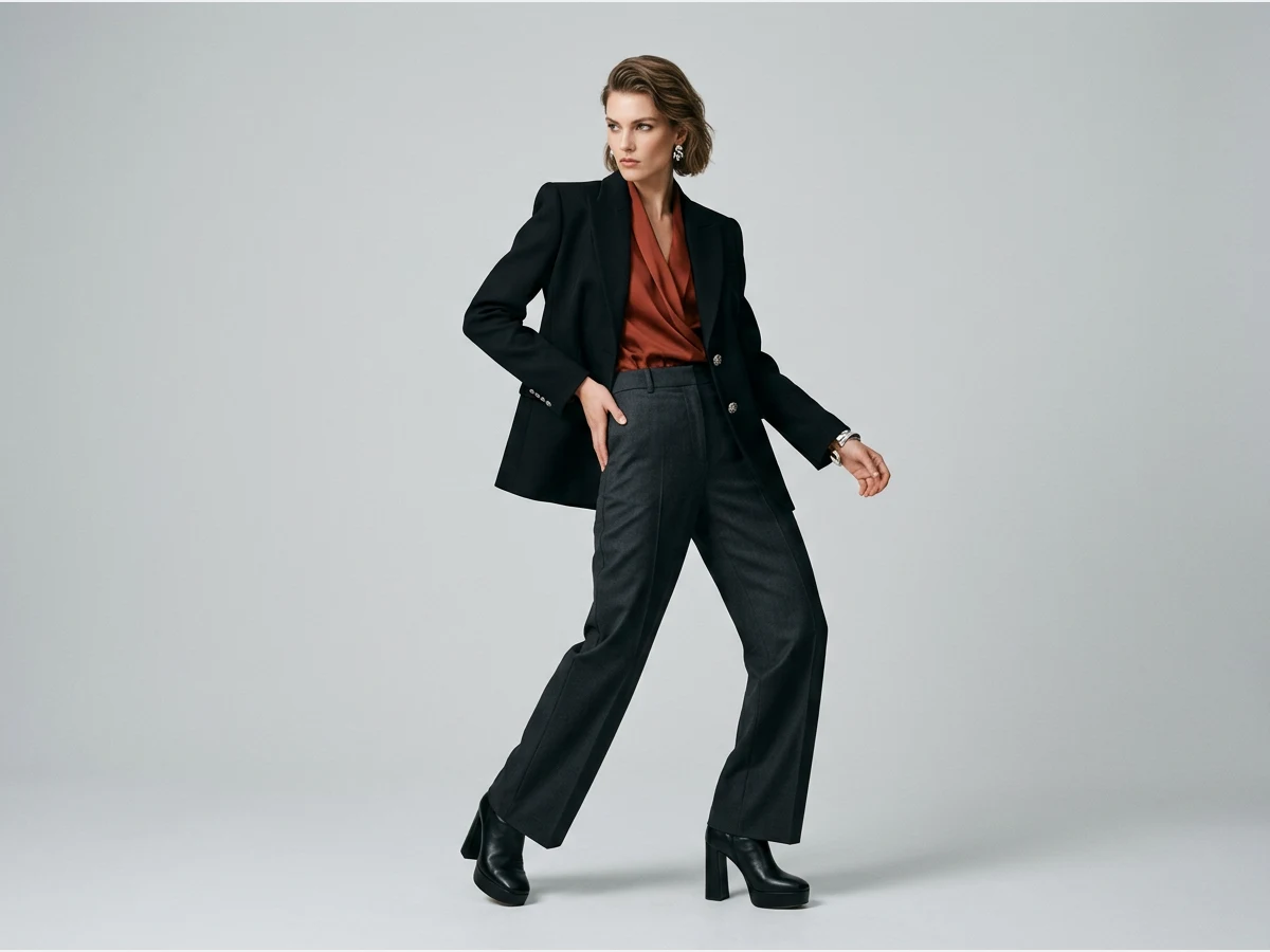 a fashion advertising visual for a clothing brand, a model in a campaign pose, full length