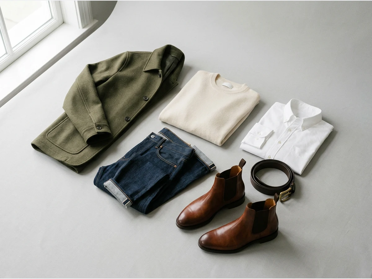 a fashion advertising visual for a clothing brand, a product laid out as a still life