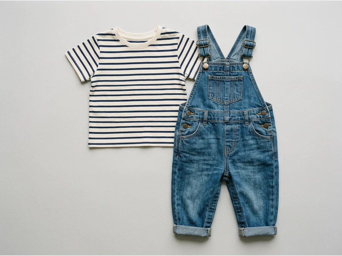 A child's striped t-shirt and denim dungarees, designed from a description