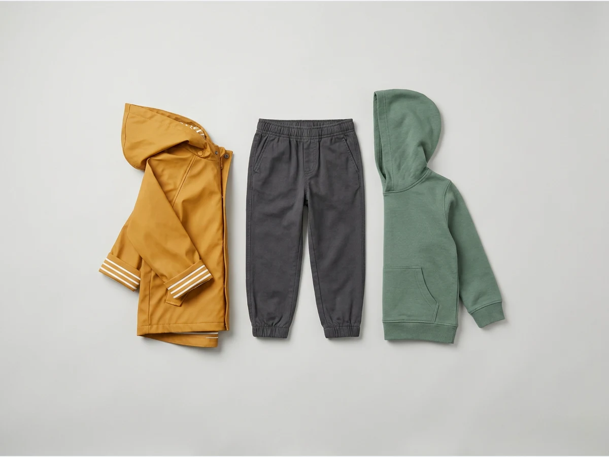 A set of children's pieces designed together, coat, joggers and sweatshirt
