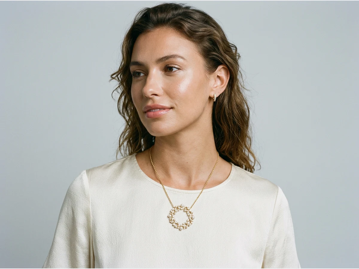 a model photographed to show a piece of jewelry, a necklace on the neckline