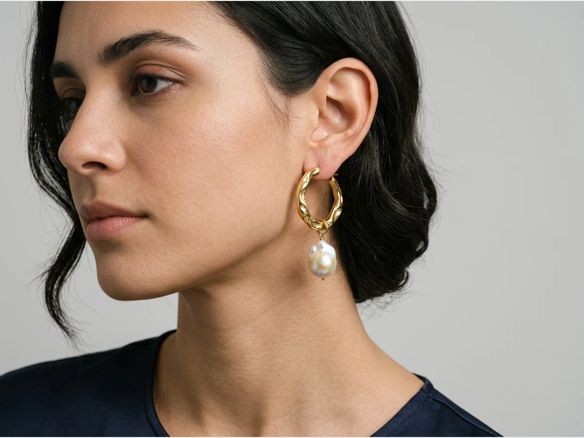 a model photographed to show a piece of jewelry, earrings, close crop on the ear