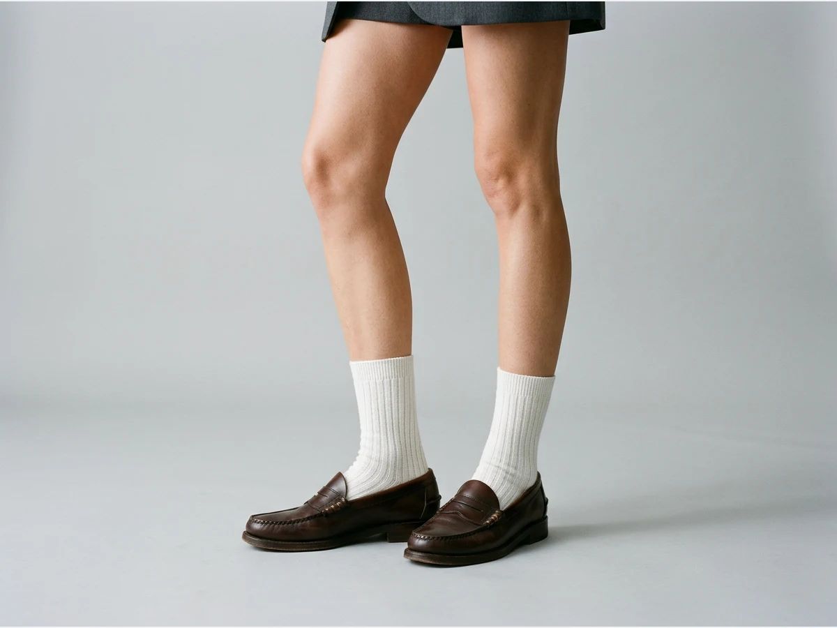 a model's legs wearing designer socks, ribbed white socks with loafers