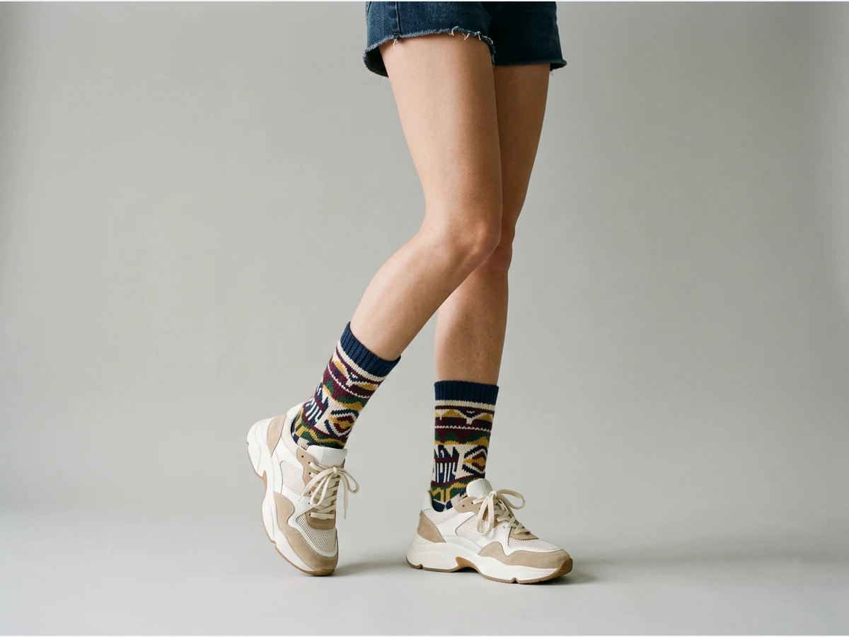 a model's legs wearing designer socks, patterned socks with sneakers