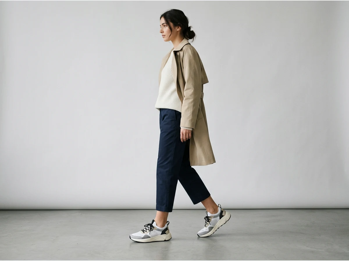 a model photographed to show footwear, sneakers with cropped trousers