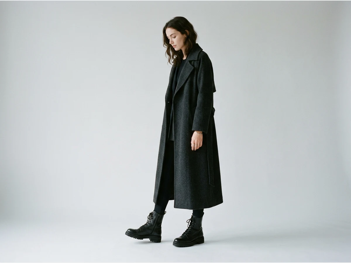 a model photographed to show footwear, boots under a long coat
