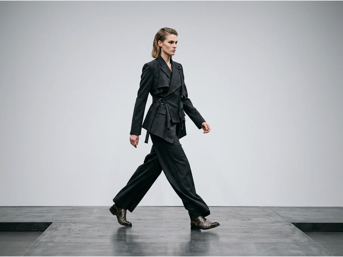 a model walking a fashion show runway, full length, mid stride