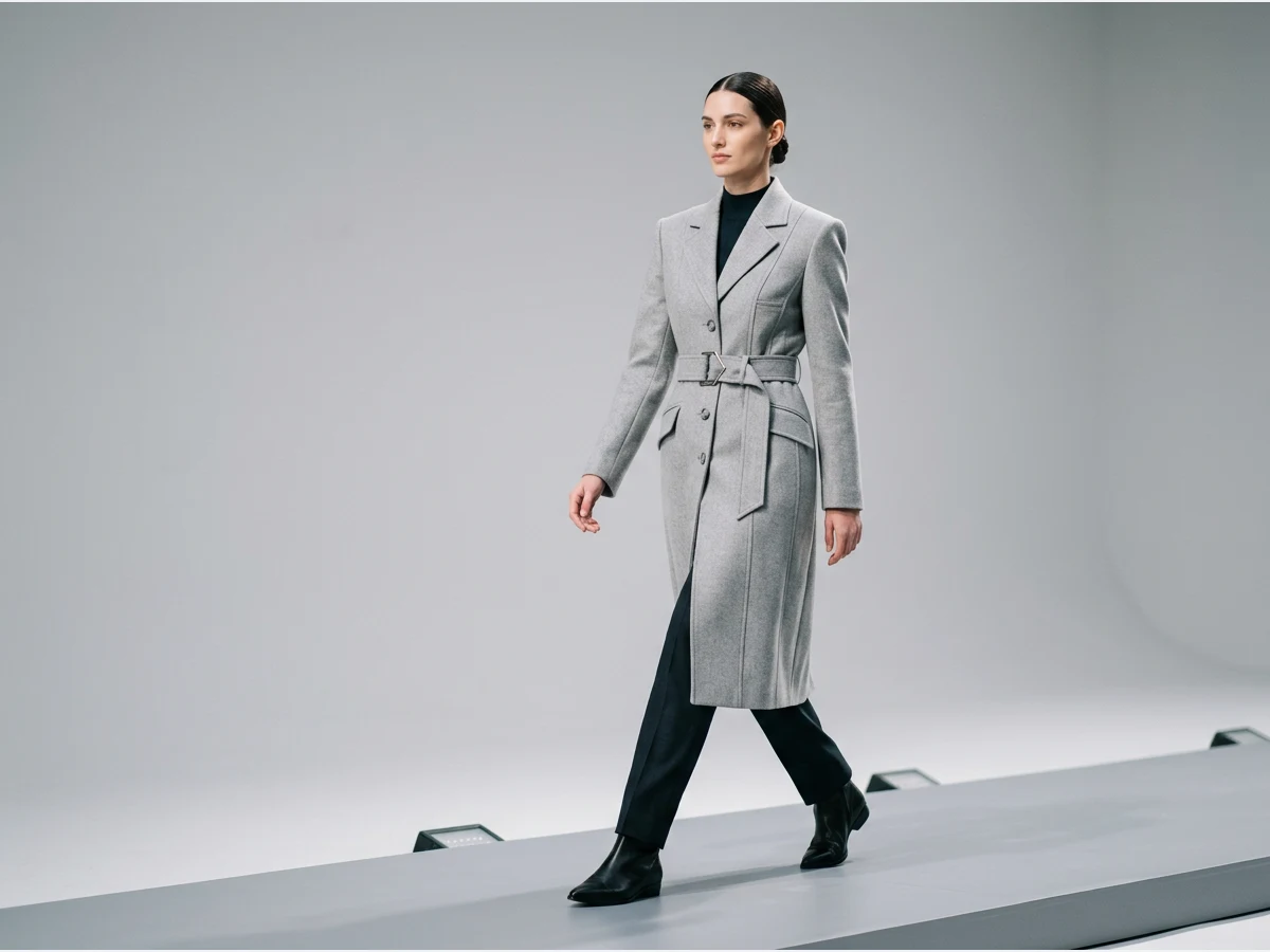 a model walking a fashion show runway, a tailored coat look