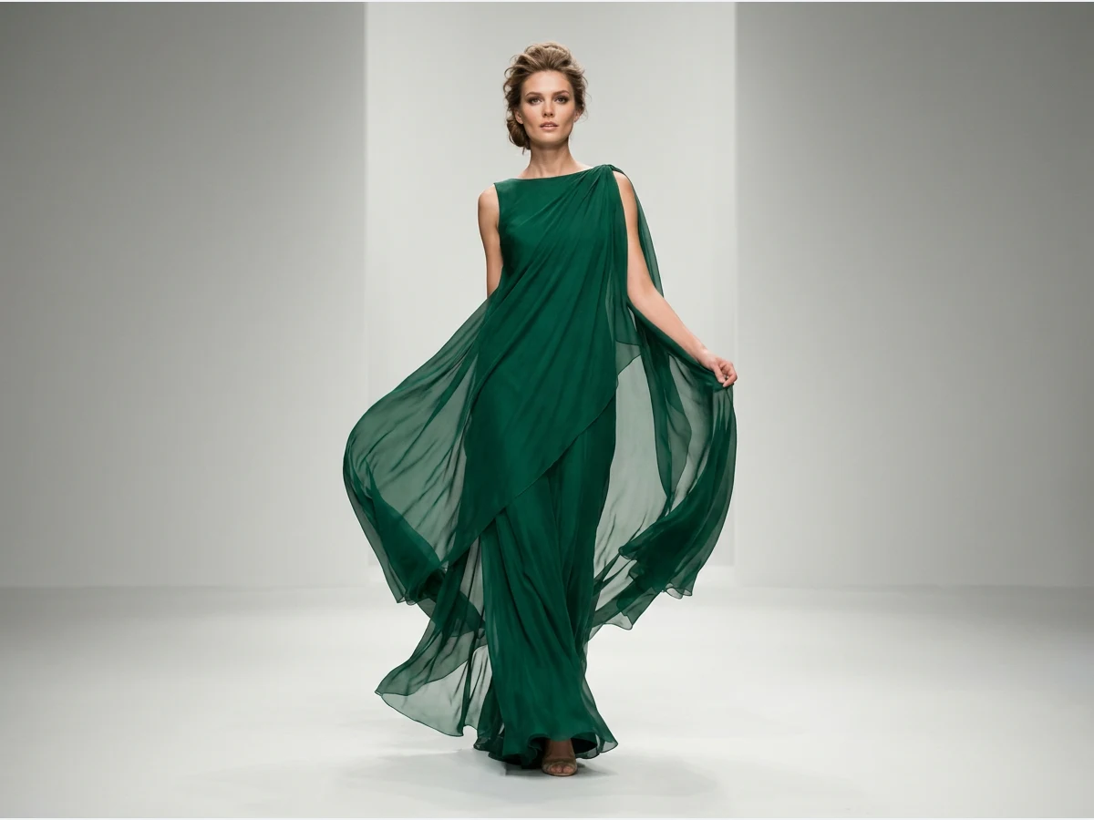 a model walking a fashion show runway, an evening look with movement in the fabric