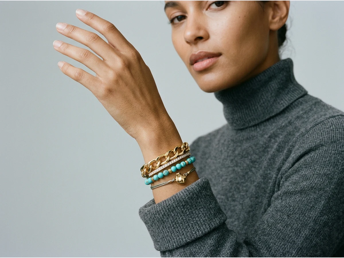 a model photographed to show a bracelet on the wrist, a raised hand, close crop
