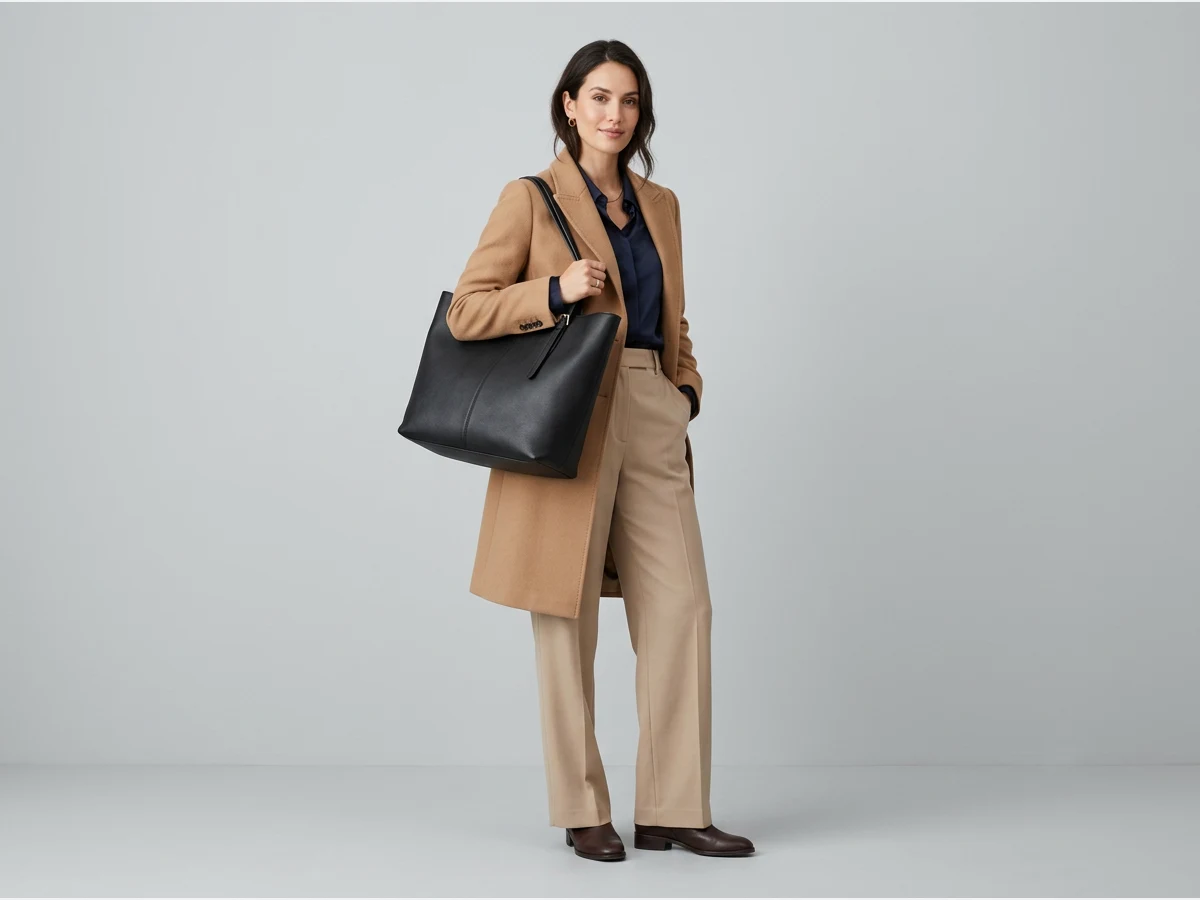 a woman holding a designer leather handbag, a tote on the shoulder, full length