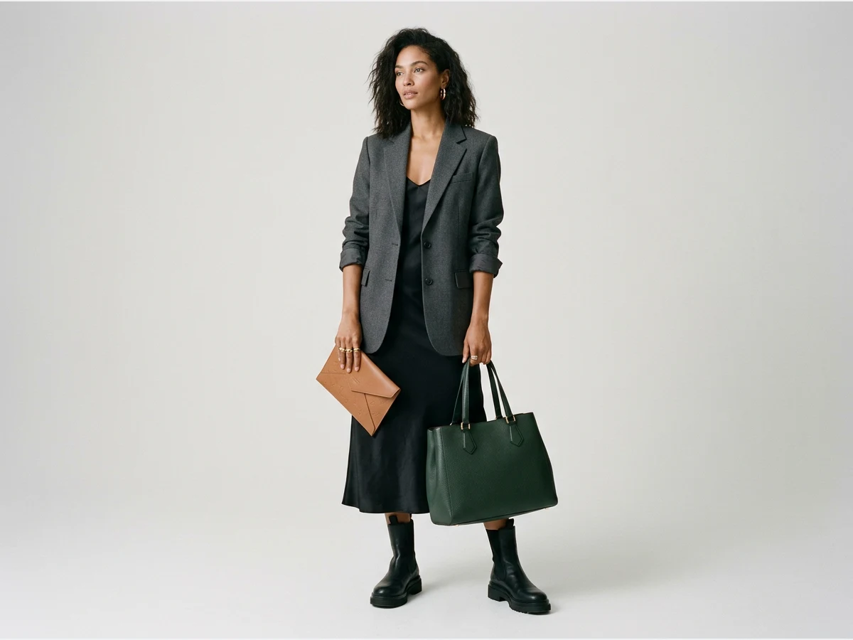 a woman holding a designer leather handbag, a clutch held in one hand