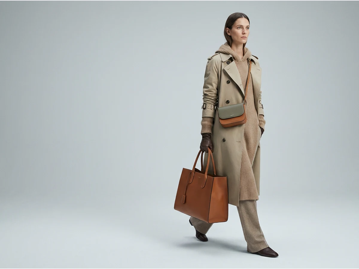 a woman holding a designer leather handbag, a crossbody bag worn walking