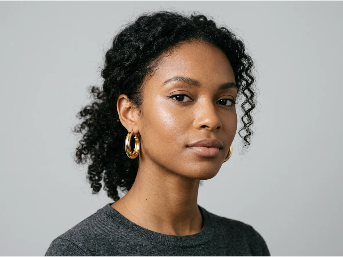 a close portrait of a model wearing earrings, gold hoops