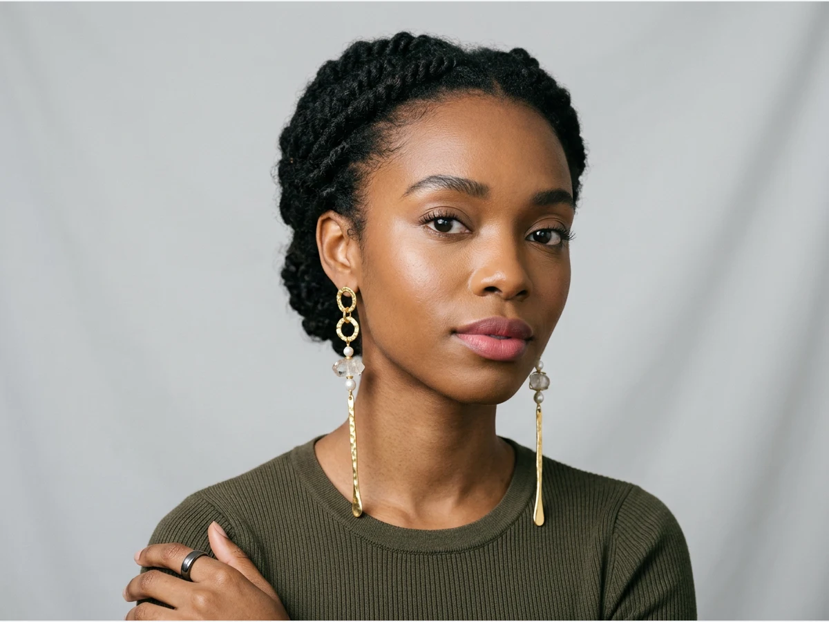 a close portrait of a model wearing earrings, long drop earrings