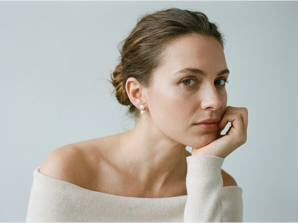 a close portrait of a model wearing earrings, pearl studs
