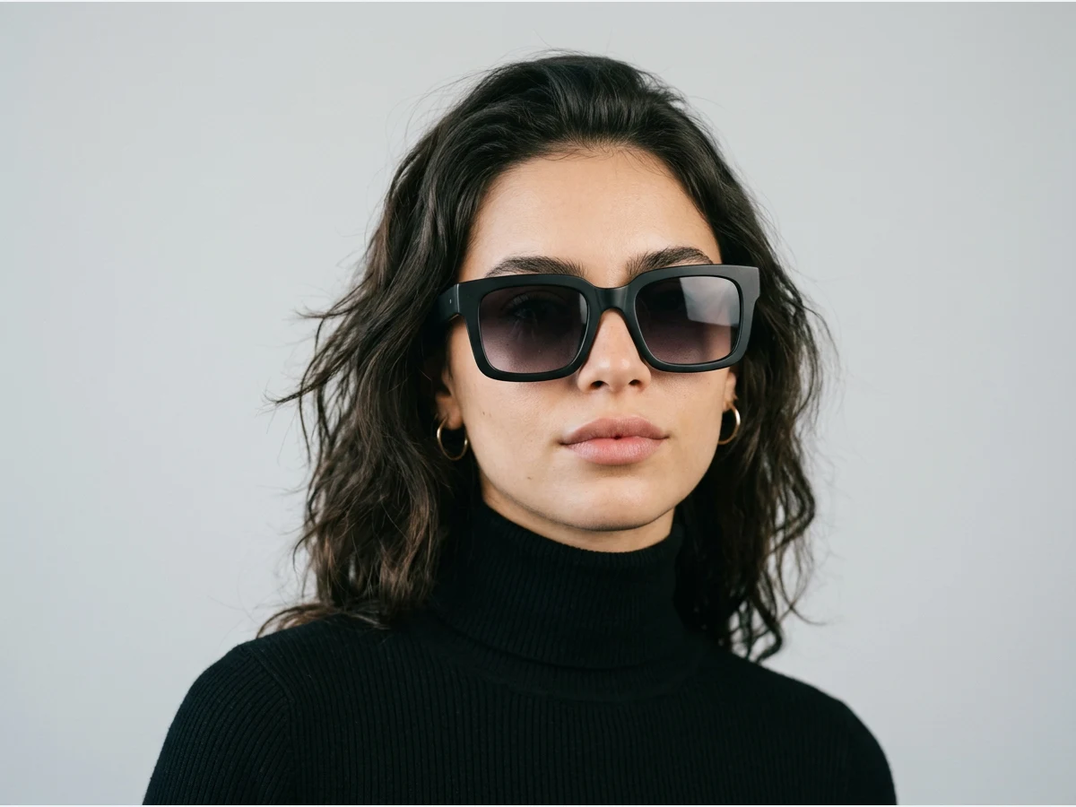 a model wearing sunglasses, square frames, close portrait