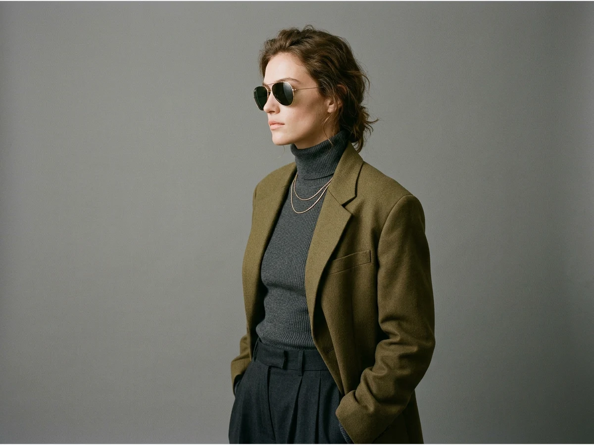 a model wearing sunglasses, aviators, three quarter