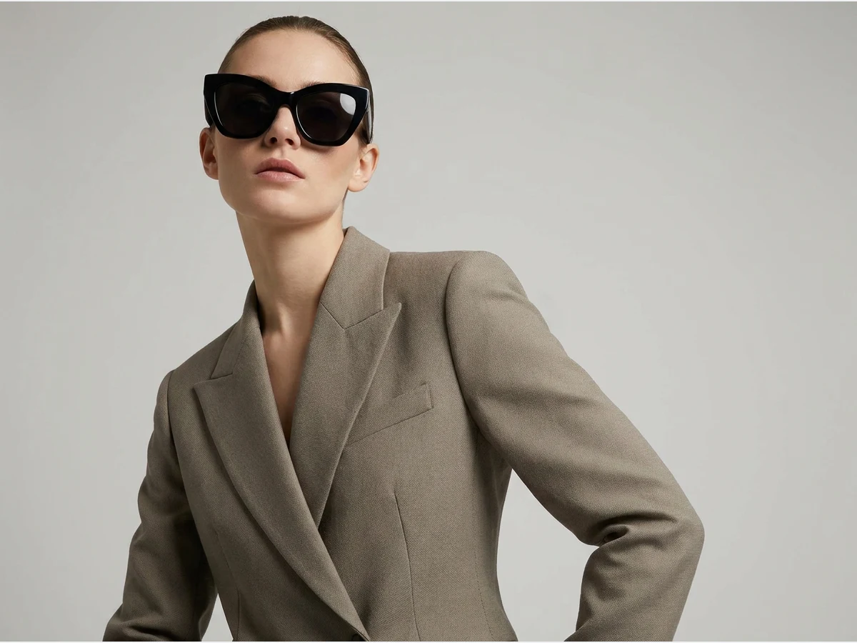 a model wearing sunglasses, cat eye frames