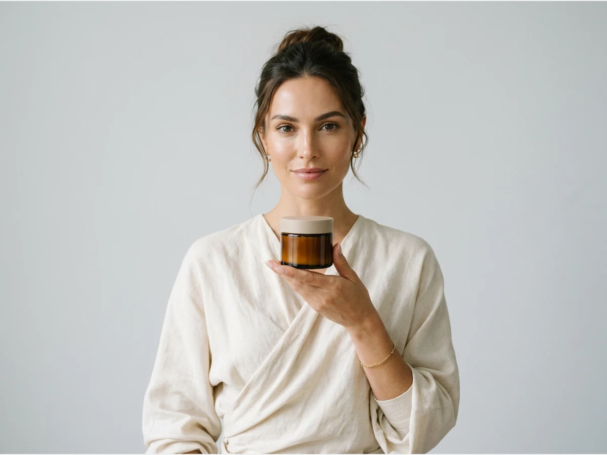 a model presenting a beauty product, holding a cream jar