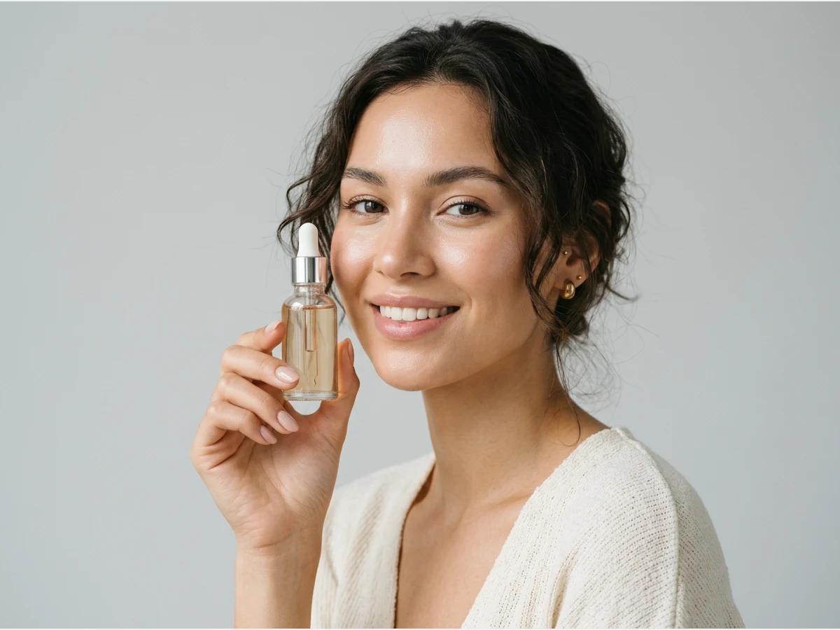 a model presenting a beauty product, a close portrait with a serum bottle