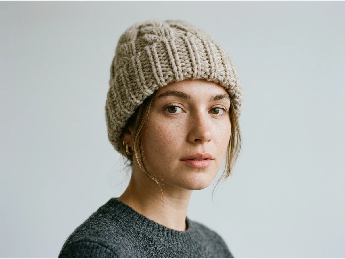 a model wearing a head accessory, a wool beanie, close portrait