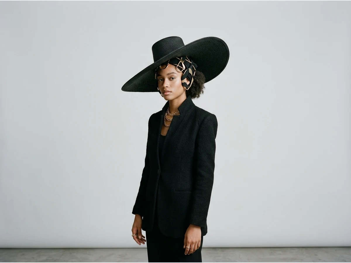 a model wearing a head accessory, a wide brim hat