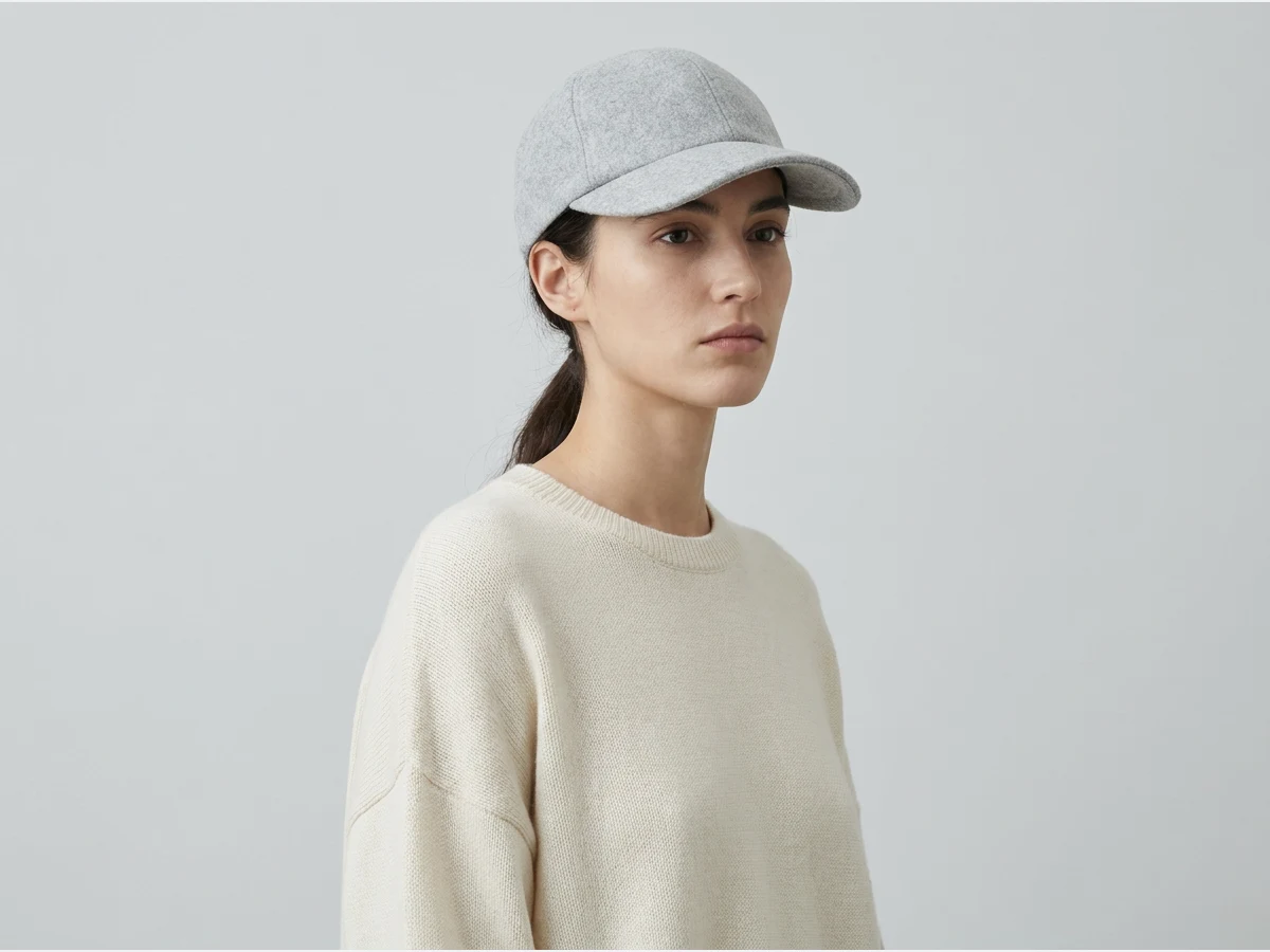 a model wearing a head accessory, a baseball cap