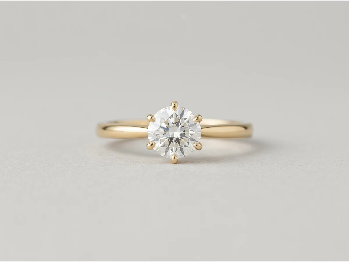 a fine gold ring set with a single stone, product shot, front view, centred