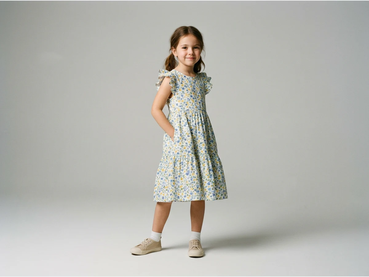 a child model wearing clothing, a girl in a summer dress, full length