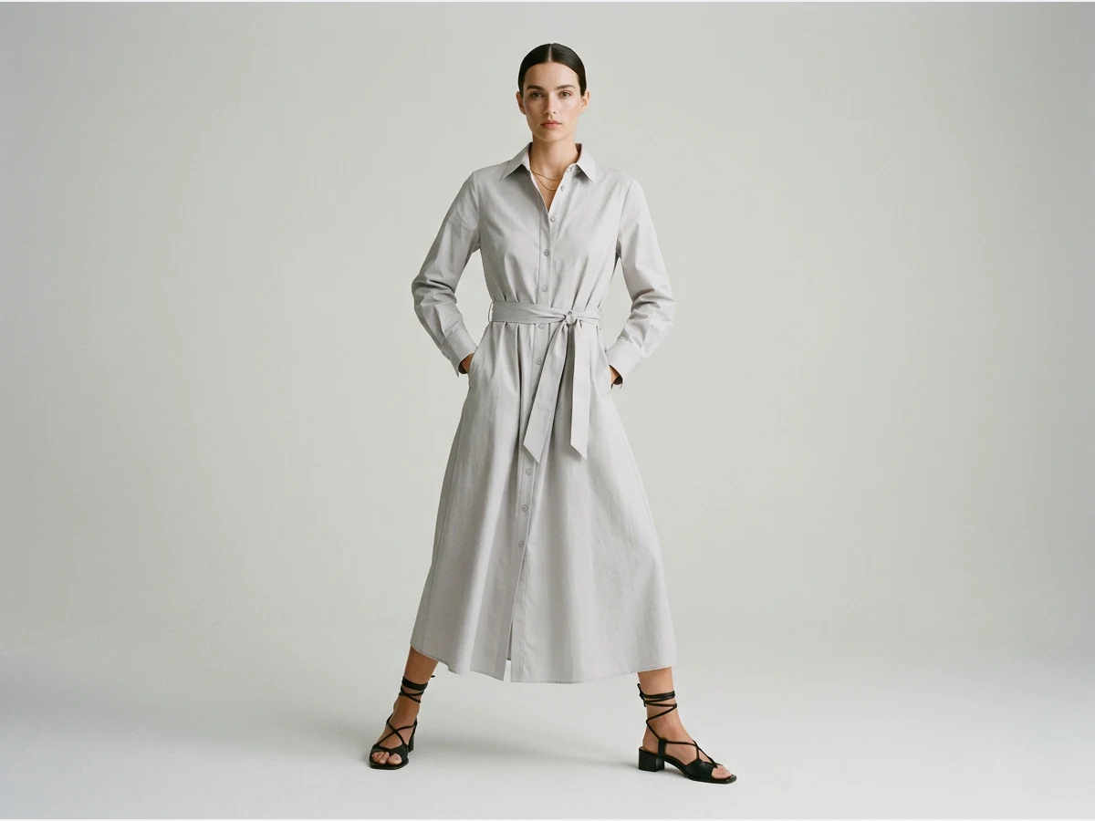 a model wearing a dress, a midi shirt dress, full length