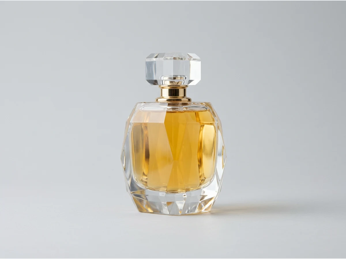 a perfume bottle, product shot, a faceted glass flacon