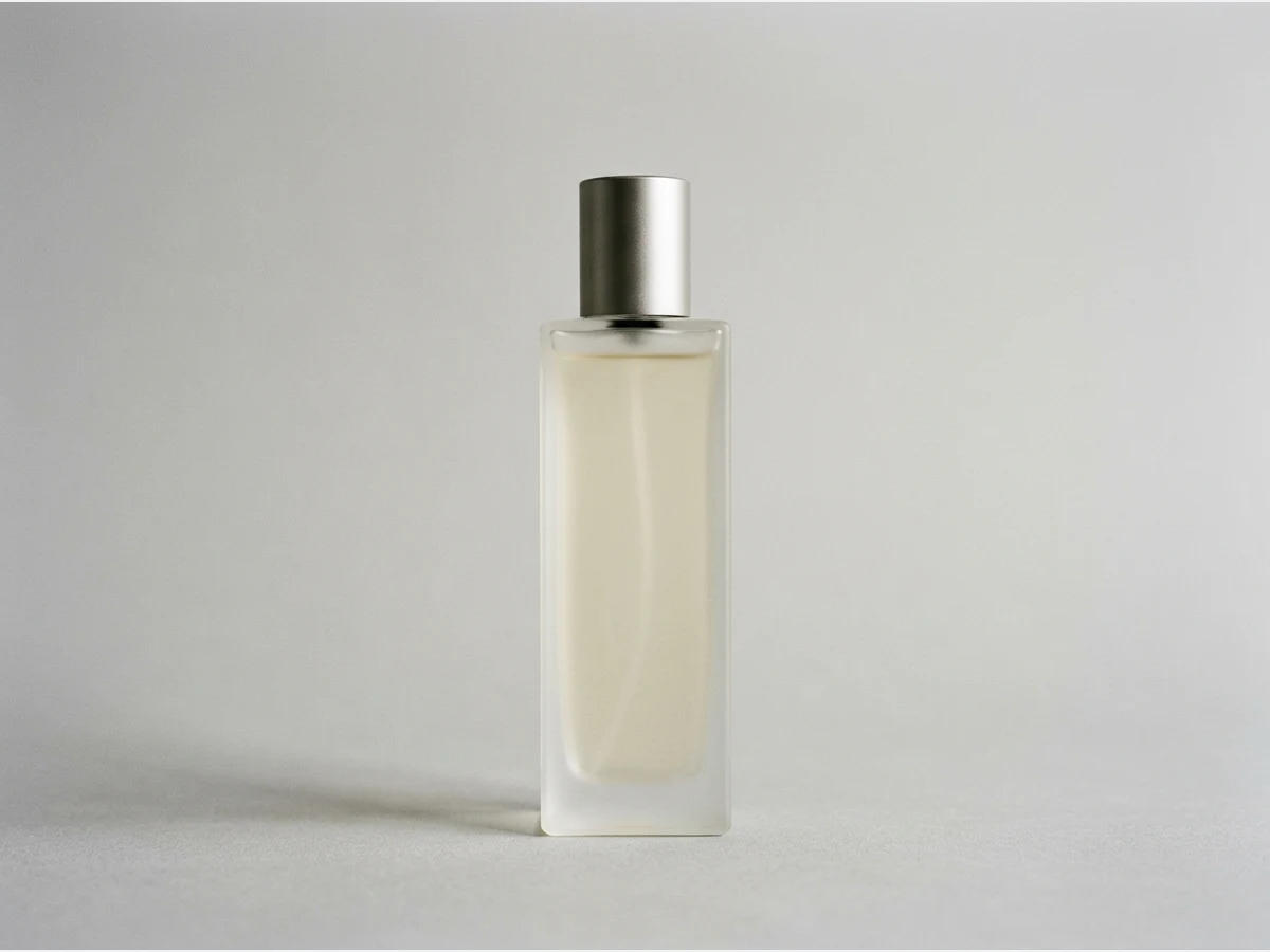 a perfume bottle, product shot, a tall minimal bottle in frosted glass