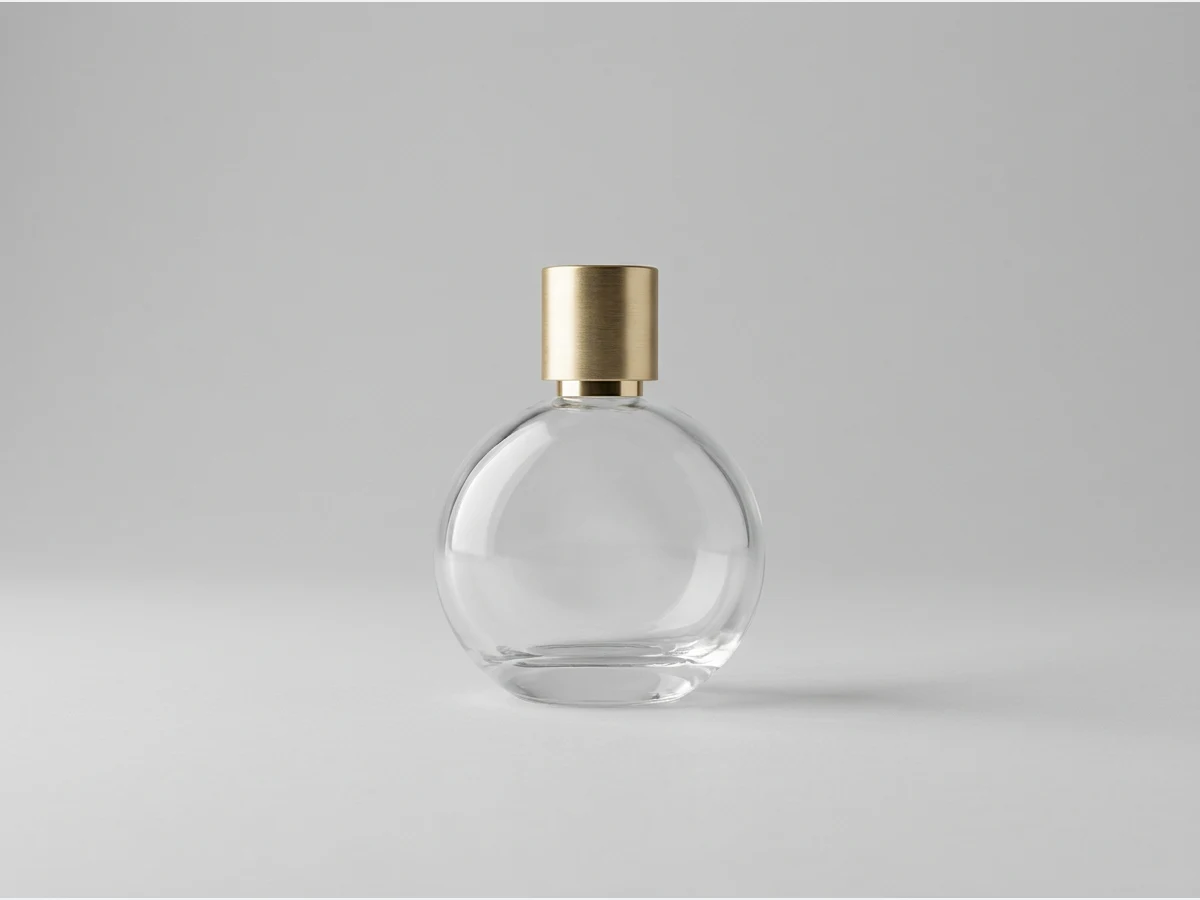 a perfume bottle, product shot, a round bottle with a gold cap
