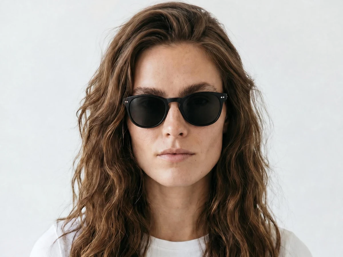 A male model in a white shirt wearing black square framed sunglasses