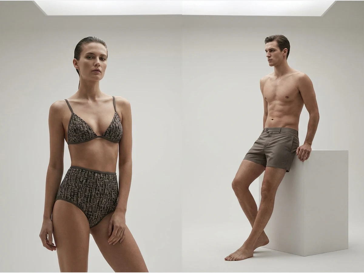 a woman wearing a designer bikini, swim trunks on a male model