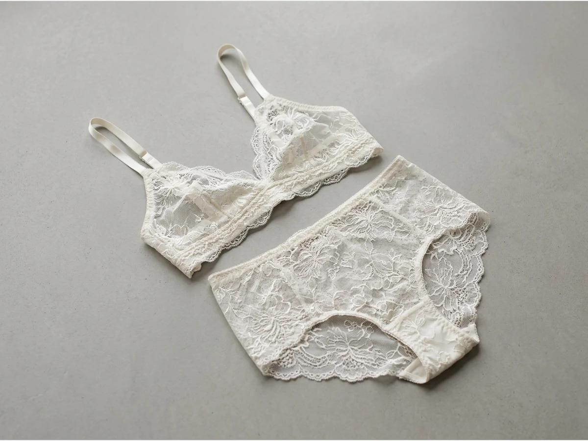 a lingerie set, product shot on a plain ground, a lace bralette and briefs in ivory