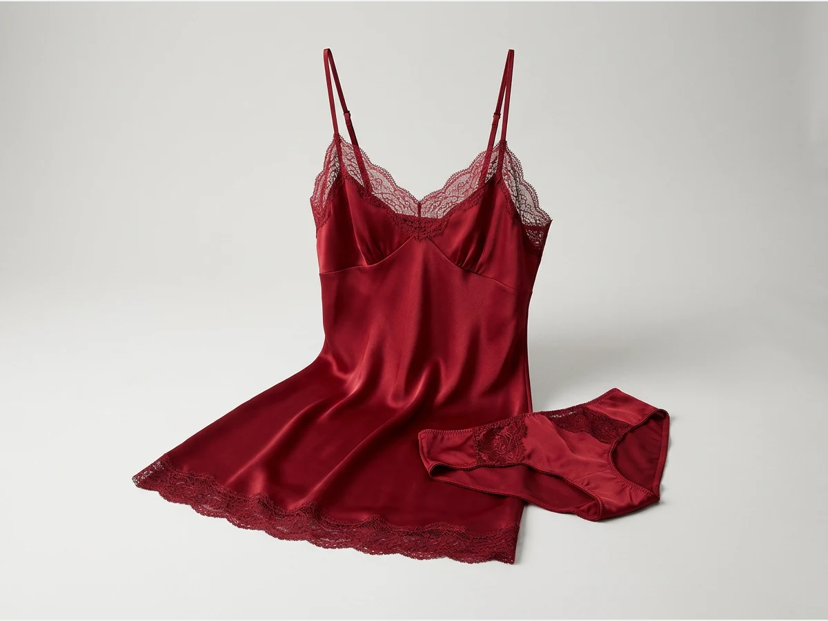 a lingerie set, product shot on a plain ground, a silk slip in deep red