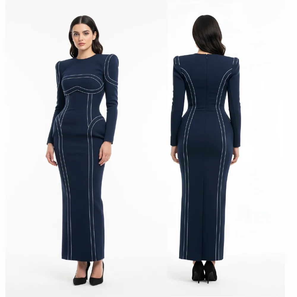 Front and back views of a navy maxi dress with contrast stitching on the same model