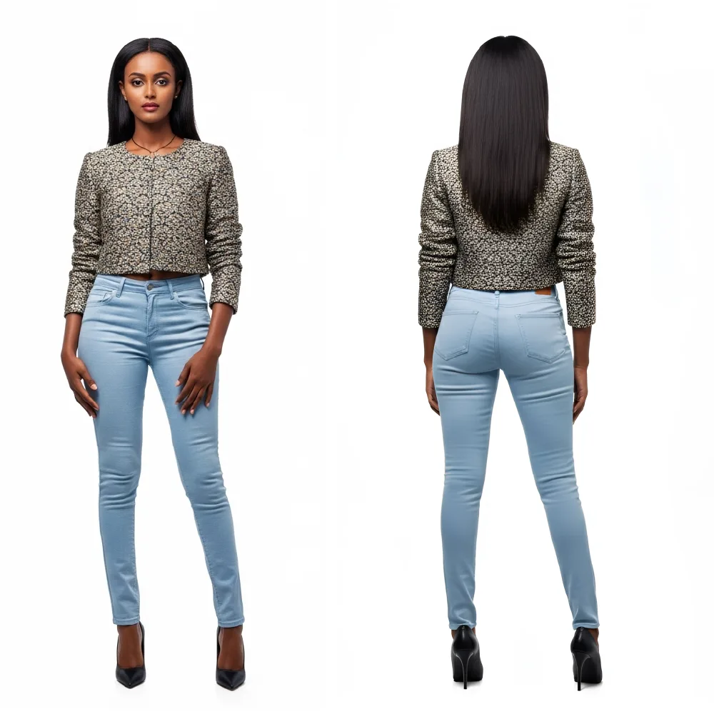 Front and back views of a model in a brocade jacket and light blue jeans