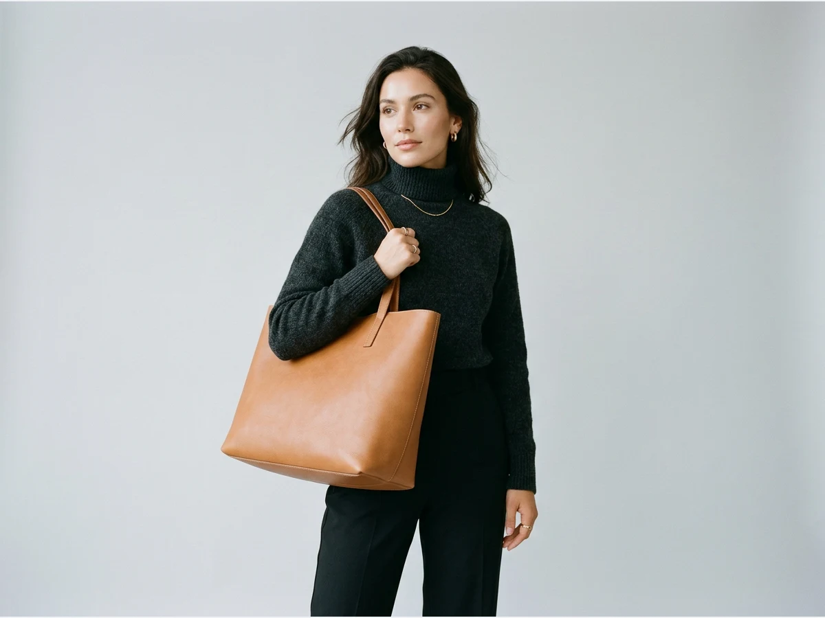 a woman holding a designer leather handbag, a leather tote
