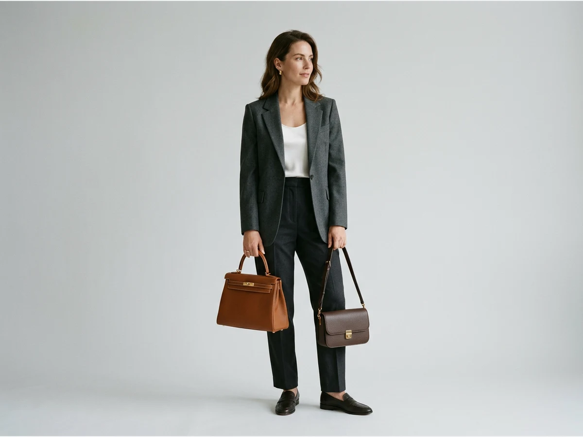 a woman holding a designer leather handbag, a small leather shoulder bag