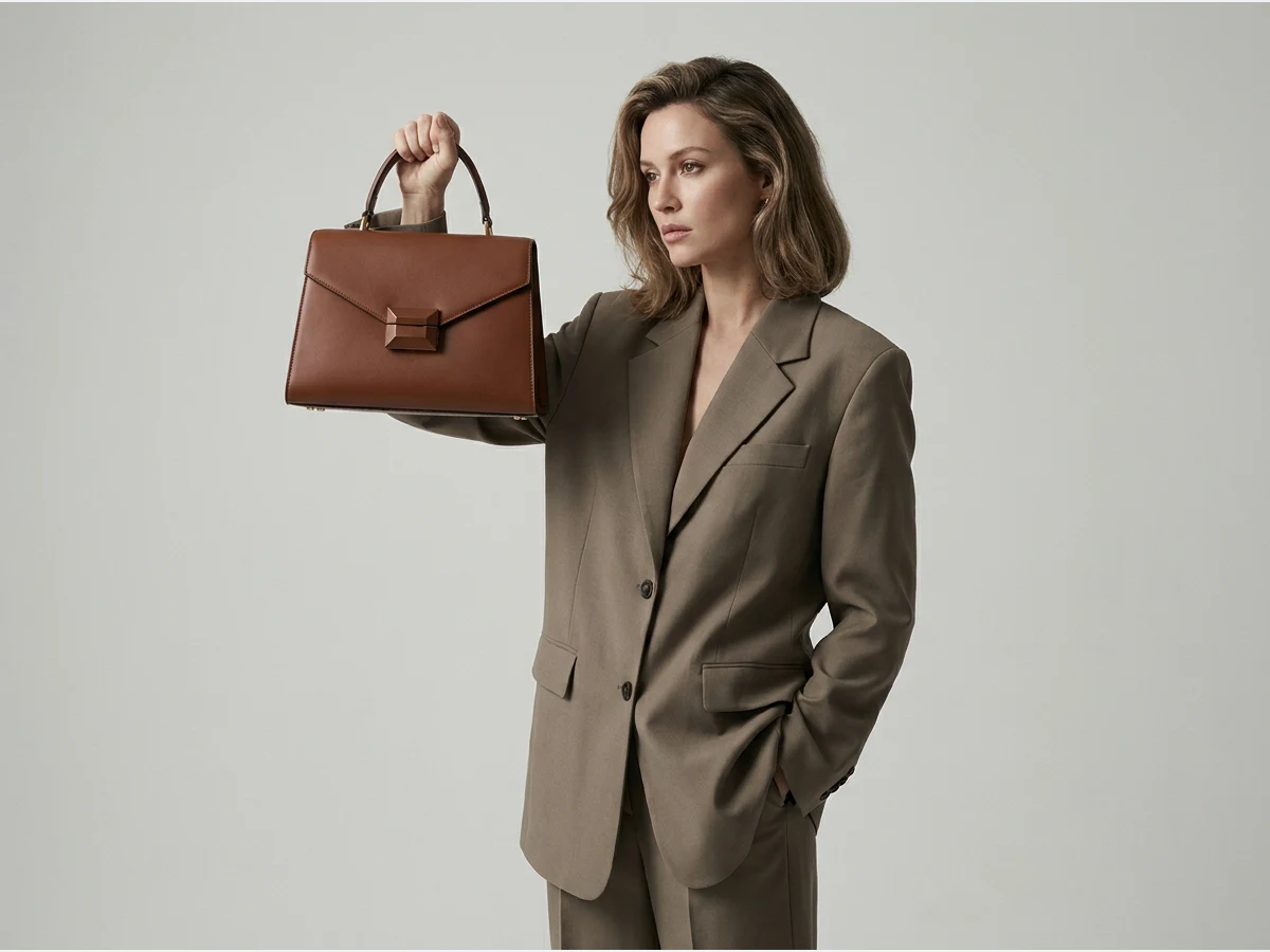 a woman holding a designer leather handbag, a structured top handle bag