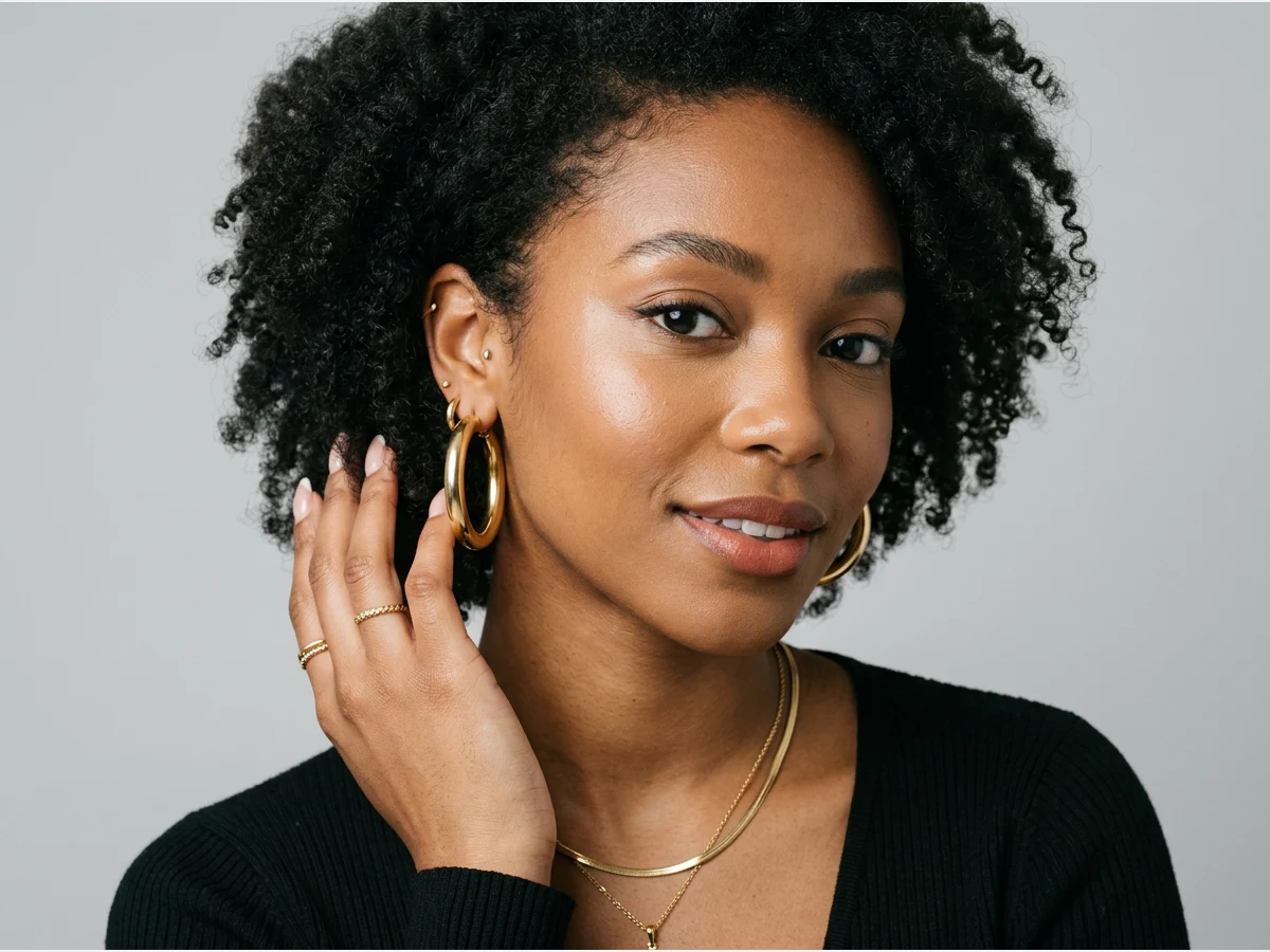 a close portrait of a model wearing jewelry, gold hoop earrings