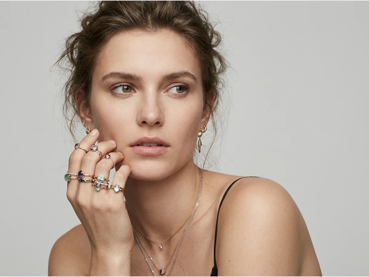 a close portrait of a model wearing jewelry, a stack of rings on one hand