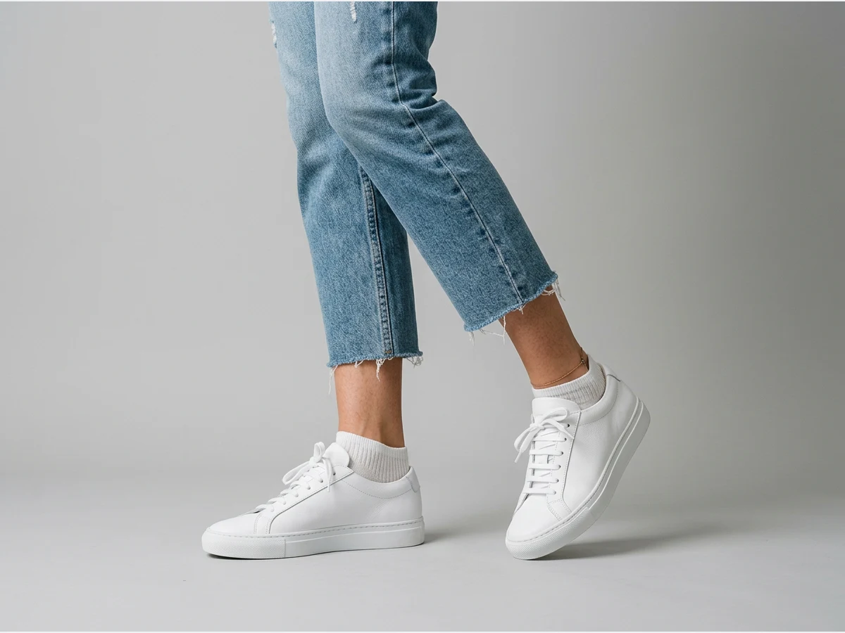 a model's legs and feet wearing designer shoes, white sneakers with cropped jeans