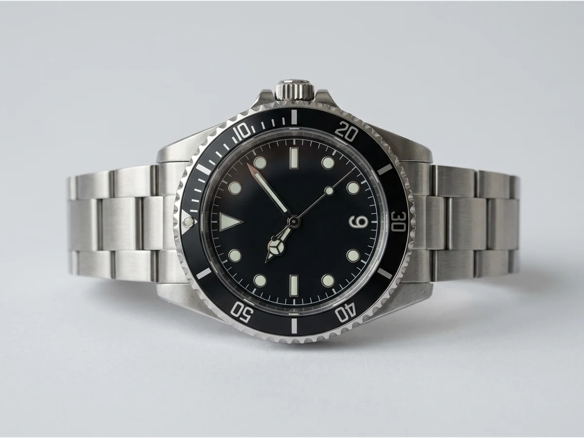 a wristwatch, product shot, a steel diver watch, face on